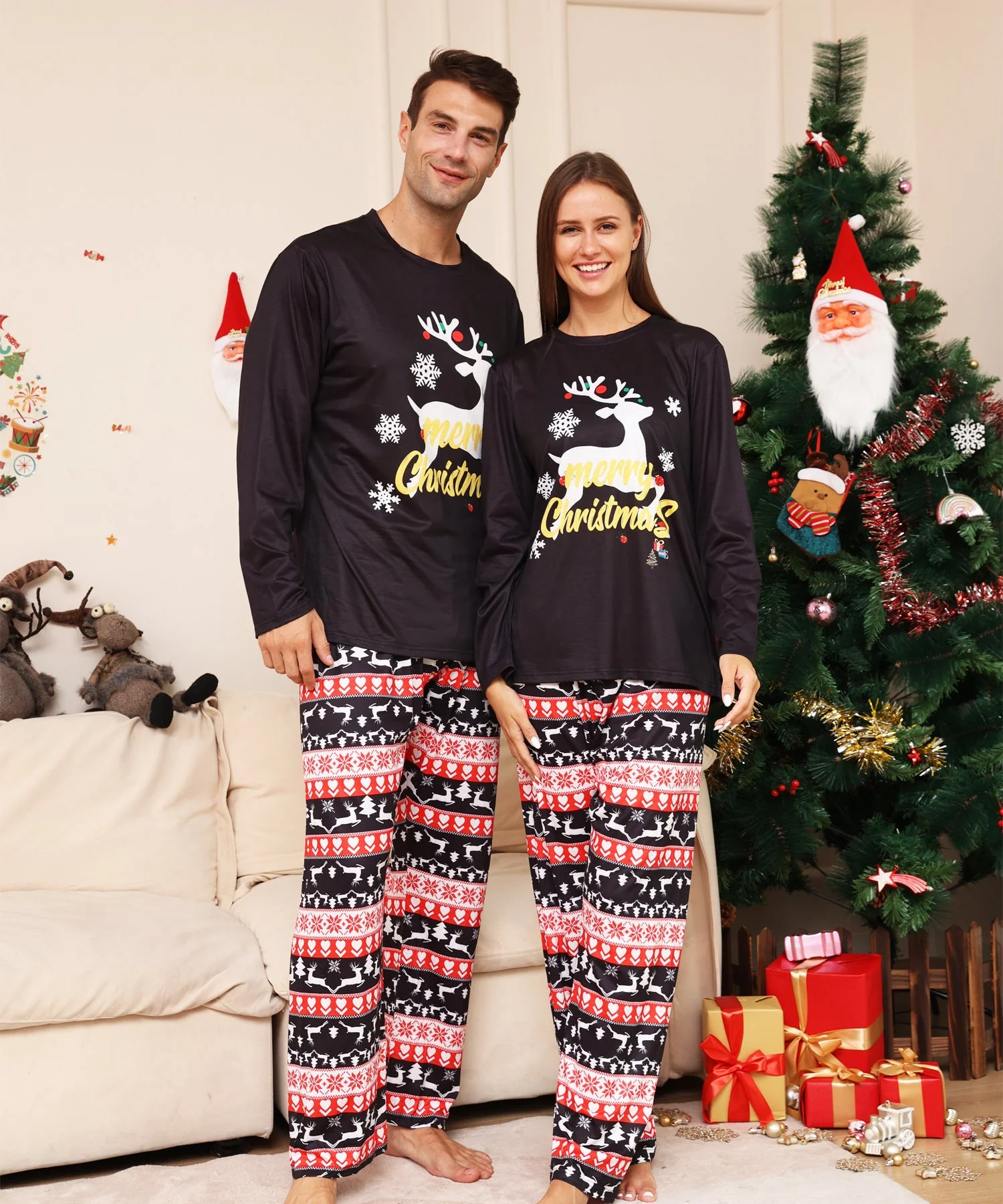 Black Reindeer Matching Family Christmas Pajamas-Dog Pajamas Included - Image 3