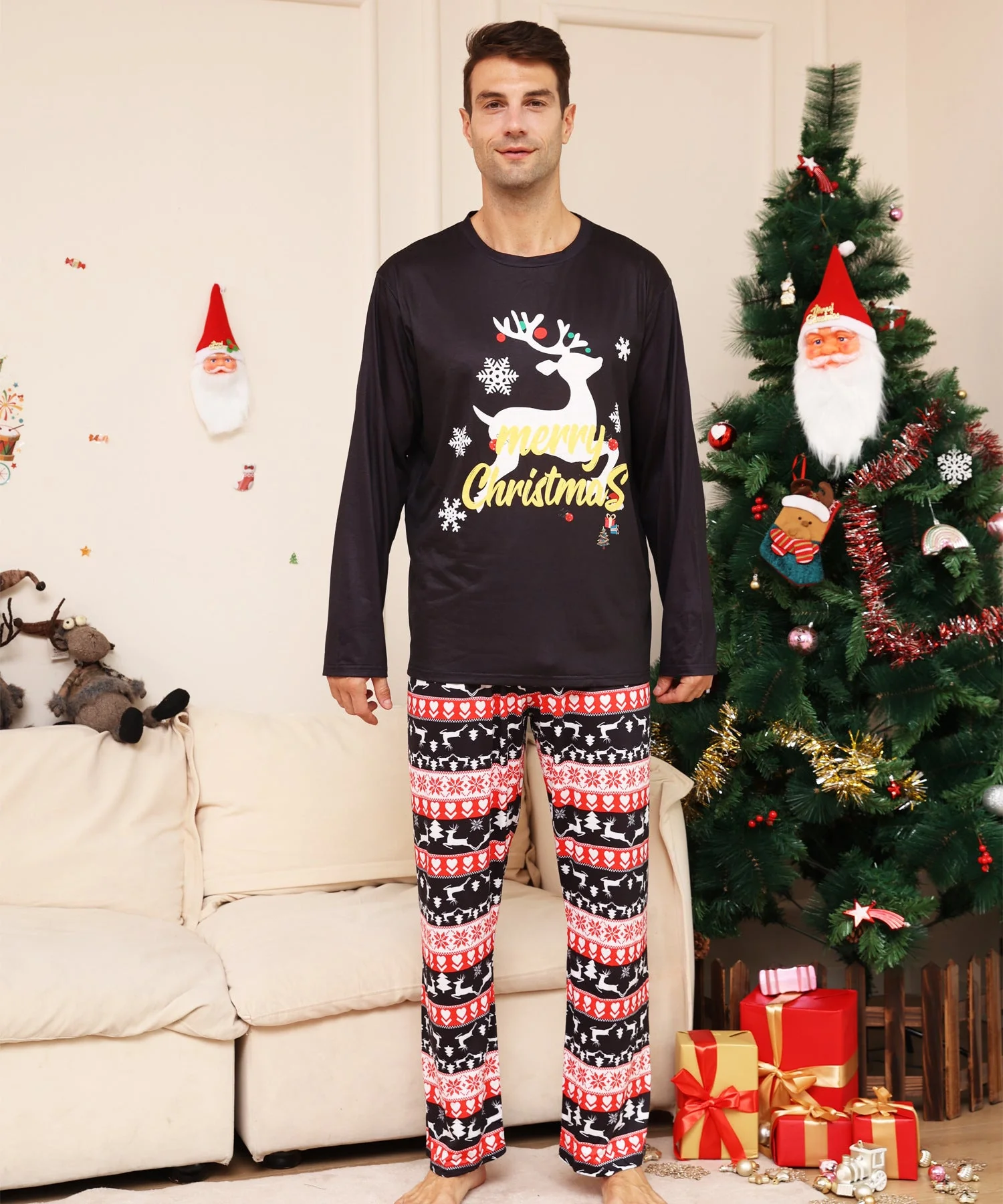 Black Reindeer Matching Family Christmas Pajamas-Dog Pajamas Included - Image 6