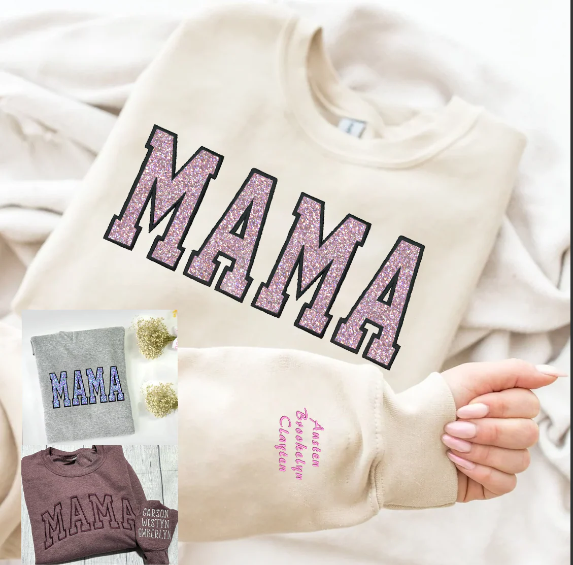 Custom Embroidered Applique Glitter Mama Sweatshirt - Image 3