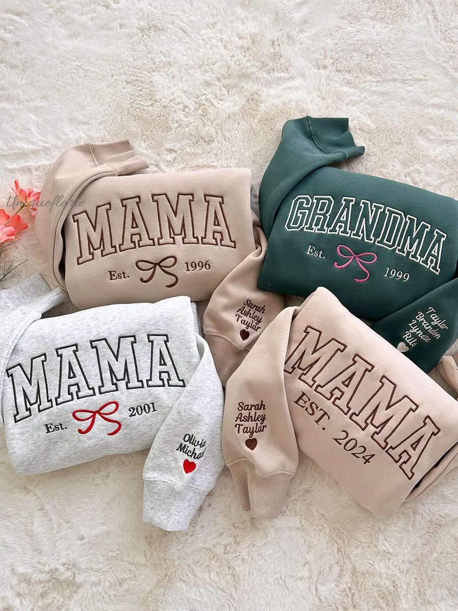Custom Embroidered Bow Mama Sweatshirt with Family's Names on Sleeve - Image 3