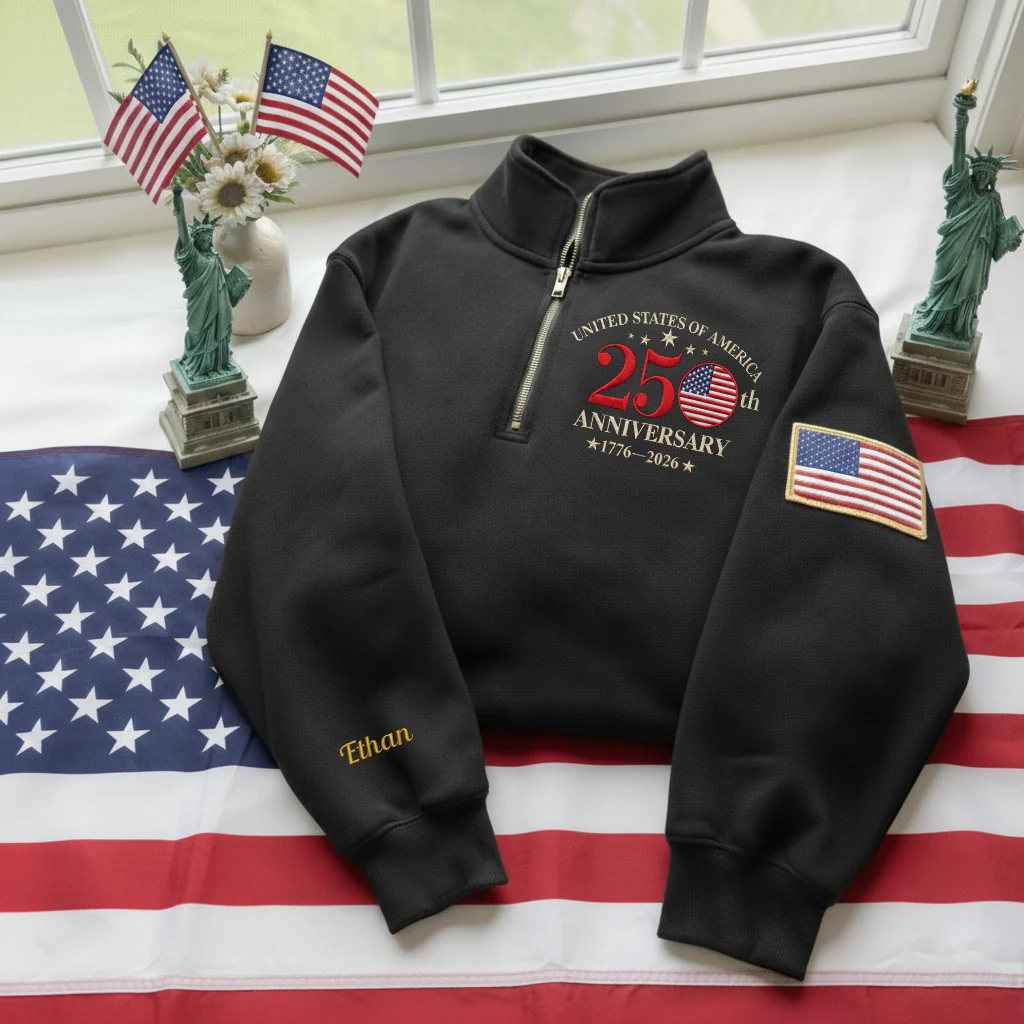 Embroidered The US 250th Anniversary Independence Day With Name On Sleeve Quarter-Zip Sweatshirt, Hoodie Sweatshirt T-Shirt - Image 3