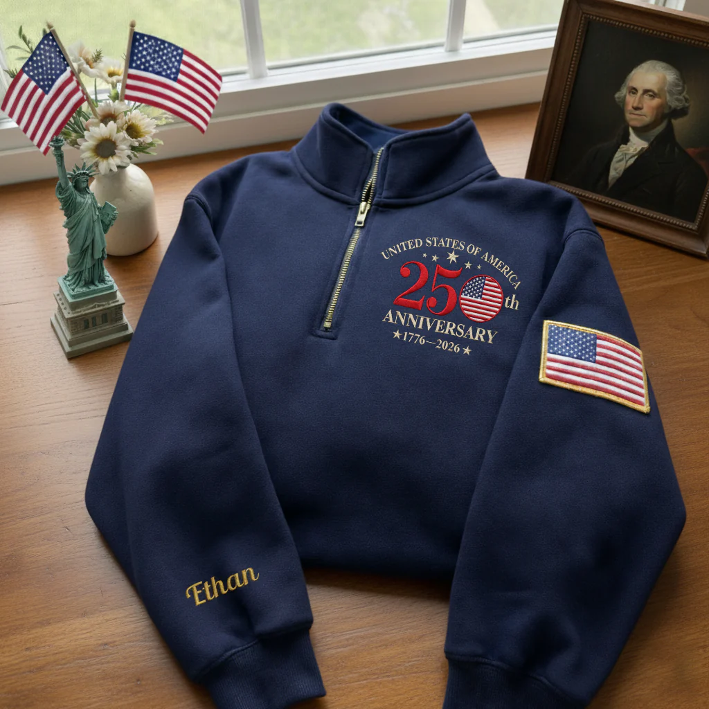 Embroidered The US 250th Anniversary Independence Day With Name On Sleeve Quarter-Zip Sweatshirt, Hoodie Sweatshirt T-Shirt - Image 4