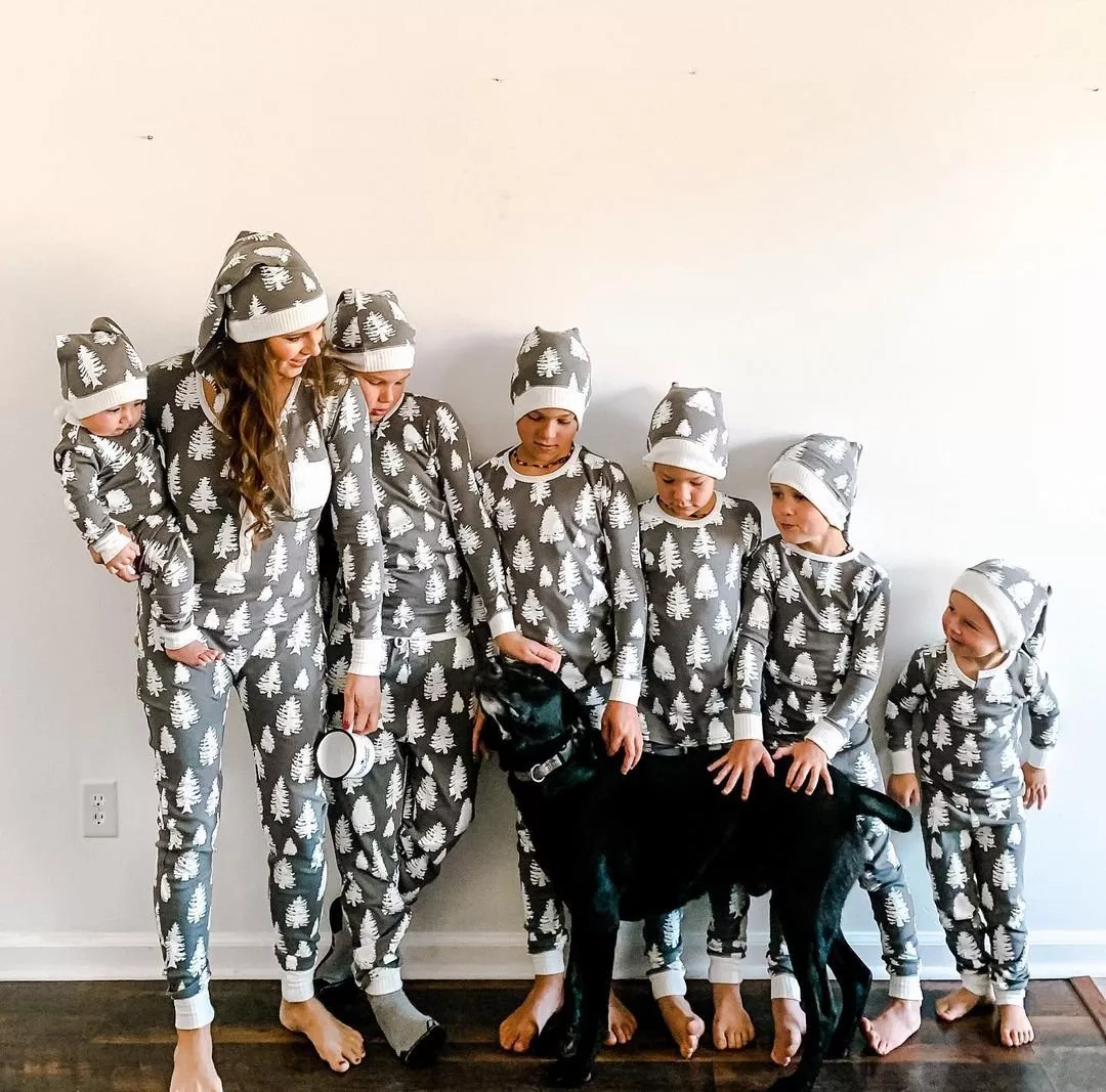 Gray & White Christmas Tree Print Matching Family Christmas Pajamas-Hats Included - Image 2