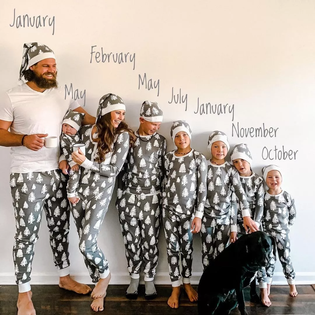 Gray & White Christmas Tree Print Matching Family Christmas Pajamas-Hats Included - Image 3