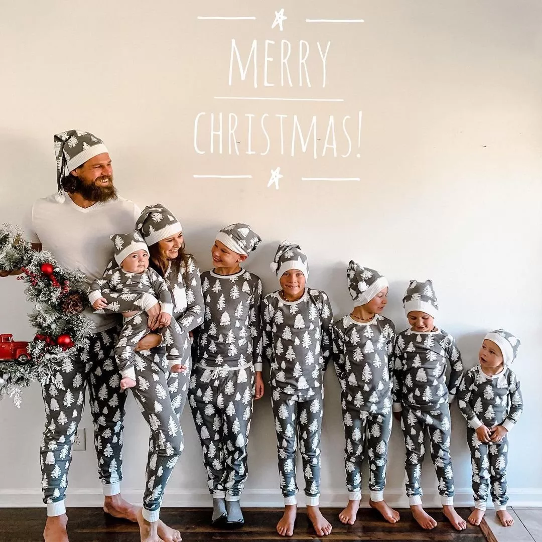 Gray & White Christmas Tree Print Matching Family Christmas Pajamas-Hats Included - Image 5