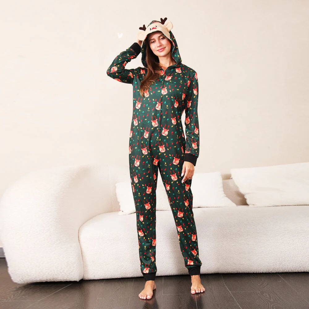Green Fox and Christmas Llight Bulb Matching Family Christmas Pajamas Onesies - Image 3