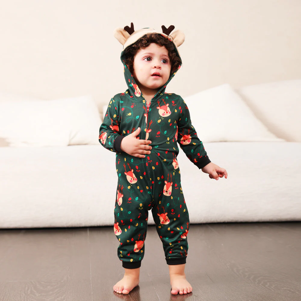 Green Fox and Christmas Llight Bulb Matching Family Christmas Pajamas Onesies - Image 9