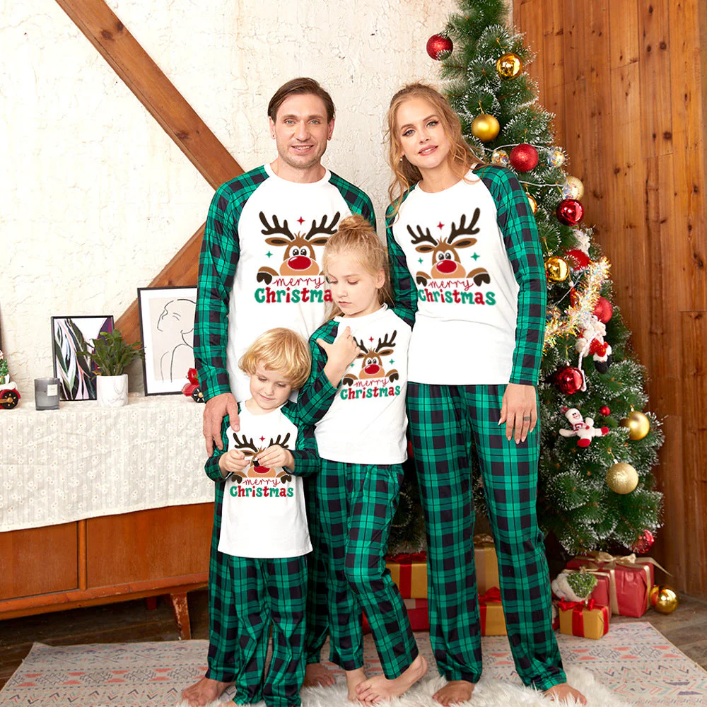 Green Plaid Christmas Reindeer Matching Family Christmas Pajamas-Dog Pajamas Included - Image 2