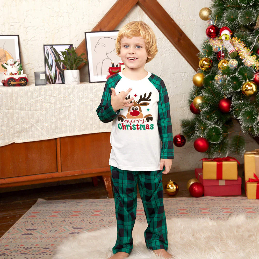 Green Plaid Christmas Reindeer Matching Family Christmas Pajamas-Dog Pajamas Included - Image 3