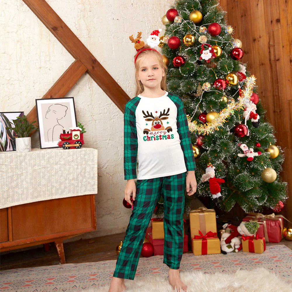 Green Plaid Christmas Reindeer Matching Family Christmas Pajamas-Dog Pajamas Included - Image 4