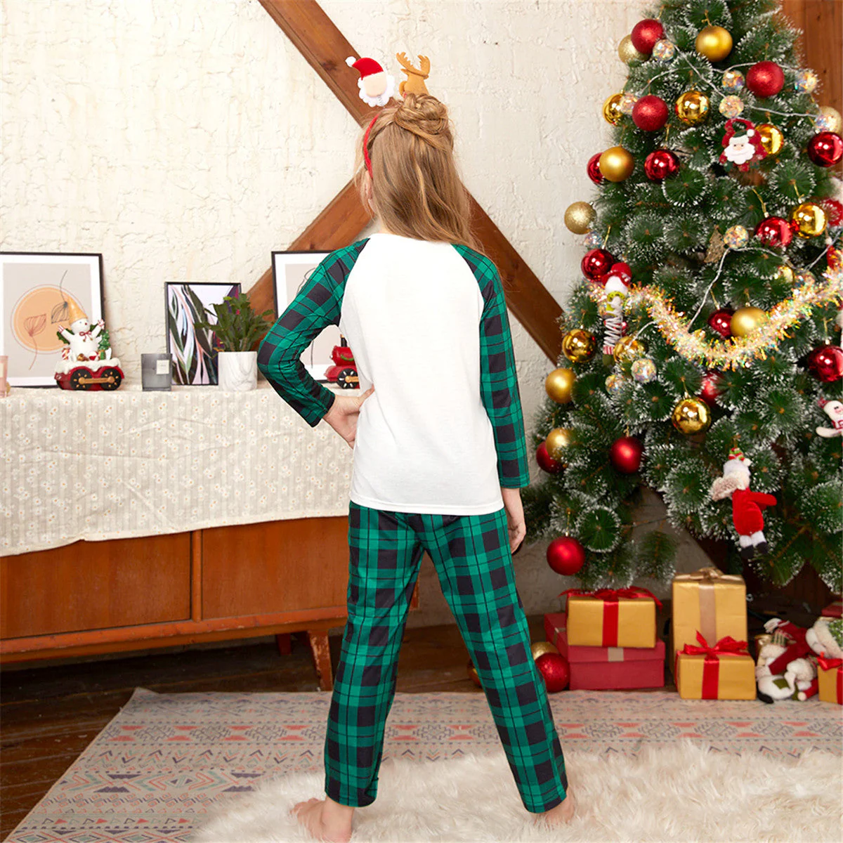 Green Plaid Christmas Reindeer Matching Family Christmas Pajamas-Dog Pajamas Included - Image 5