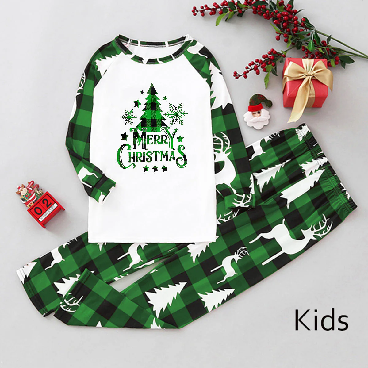 Green Plaid Christmas Tree Pattern Family Matching Pajamas Sets (with Pet's dog clothes) - Image 3