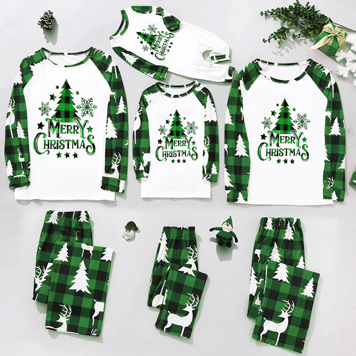 Green Plaid Christmas Tree Pattern Family Matching Pajamas Sets (with Pet's dog clothes) - Image 7