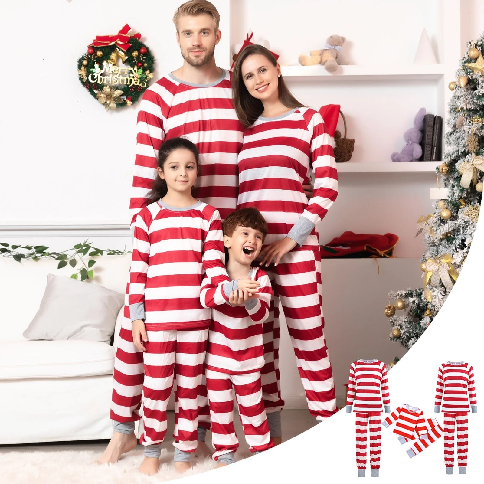 Holiday Red and White Striped Matching Family Christmas Pajamas-Dog Pajamas Included - Image 2