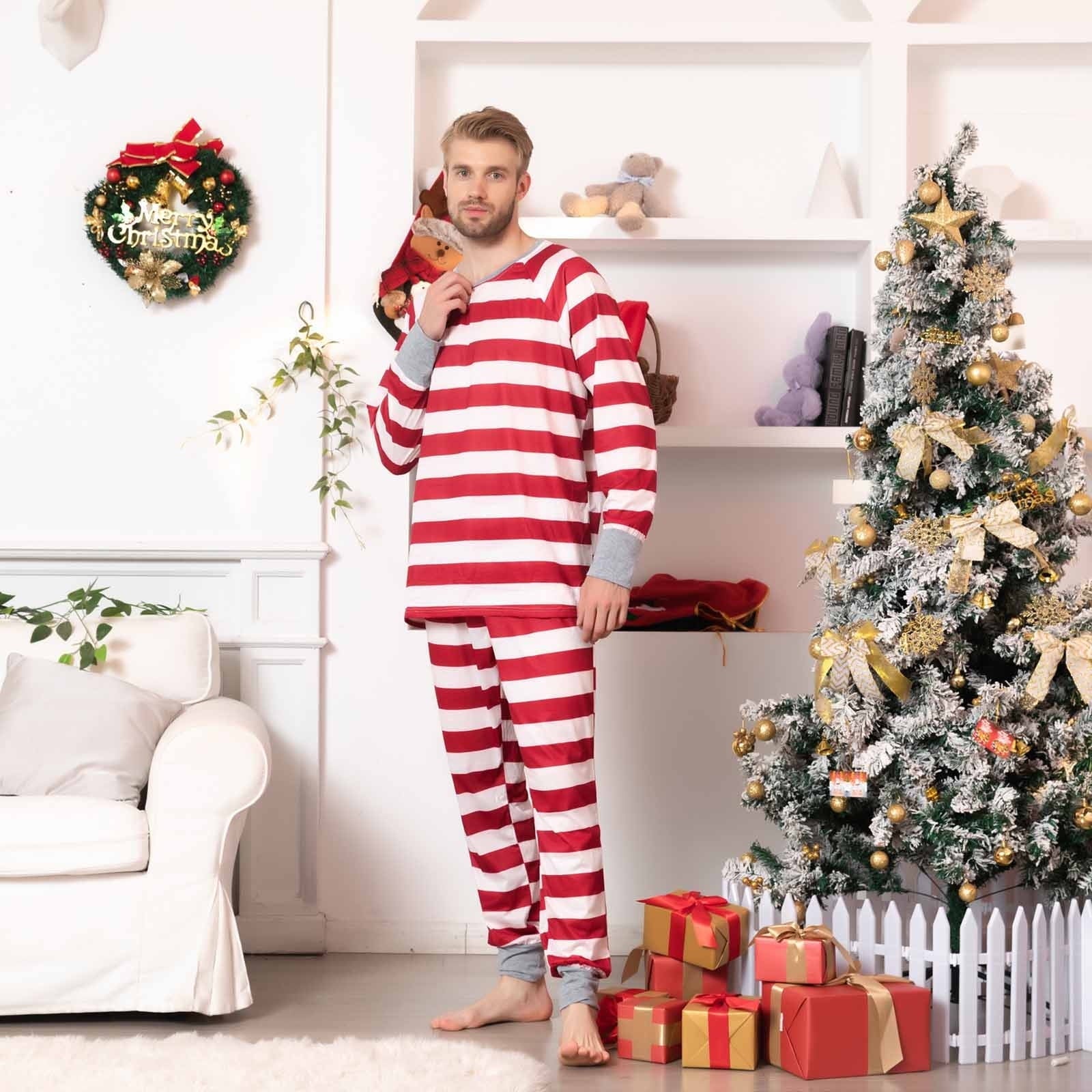 Holiday Red and White Striped Matching Family Christmas Pajamas-Dog Pajamas Included - Image 3