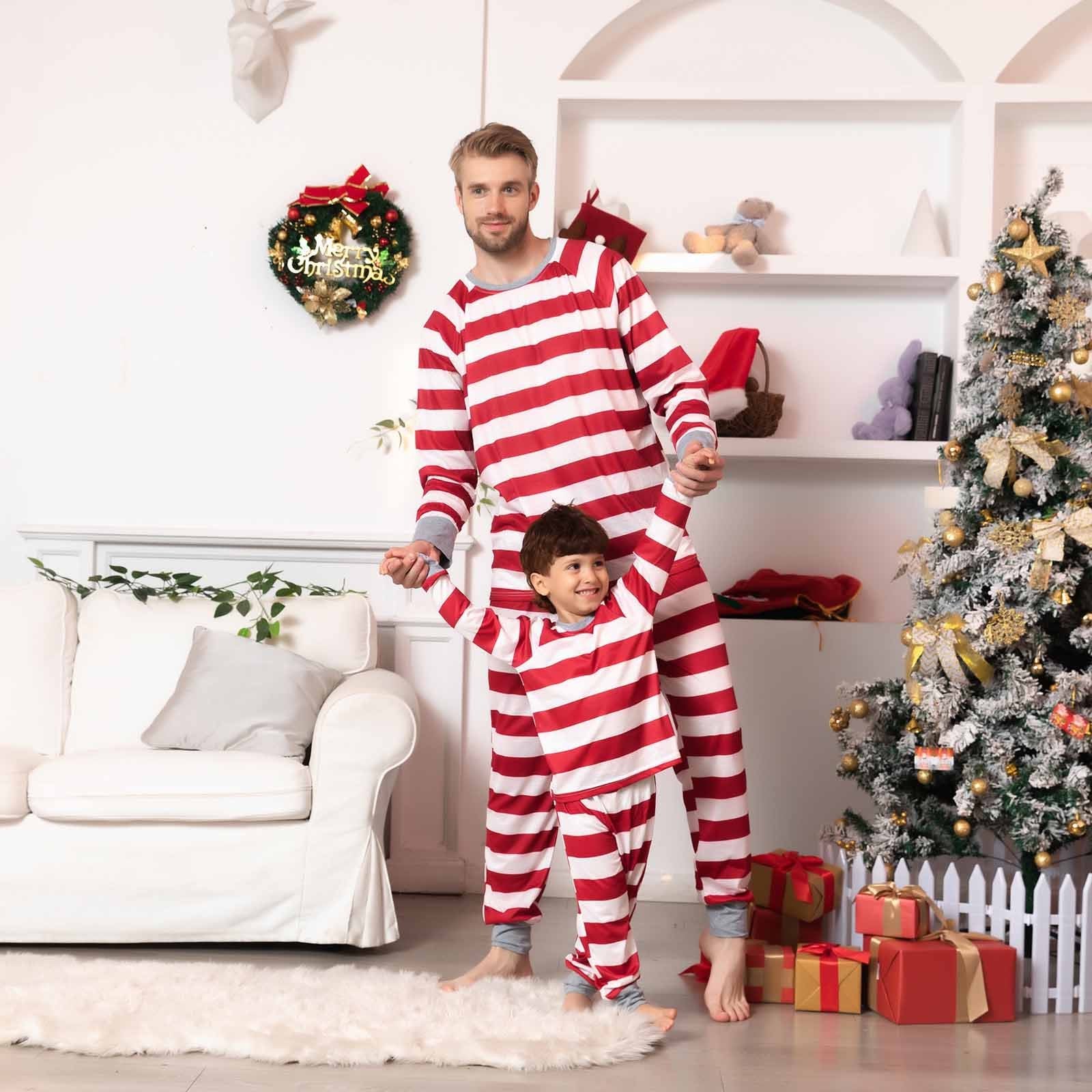 Holiday Red and White Striped Matching Family Christmas Pajamas-Dog Pajamas Included - Image 4