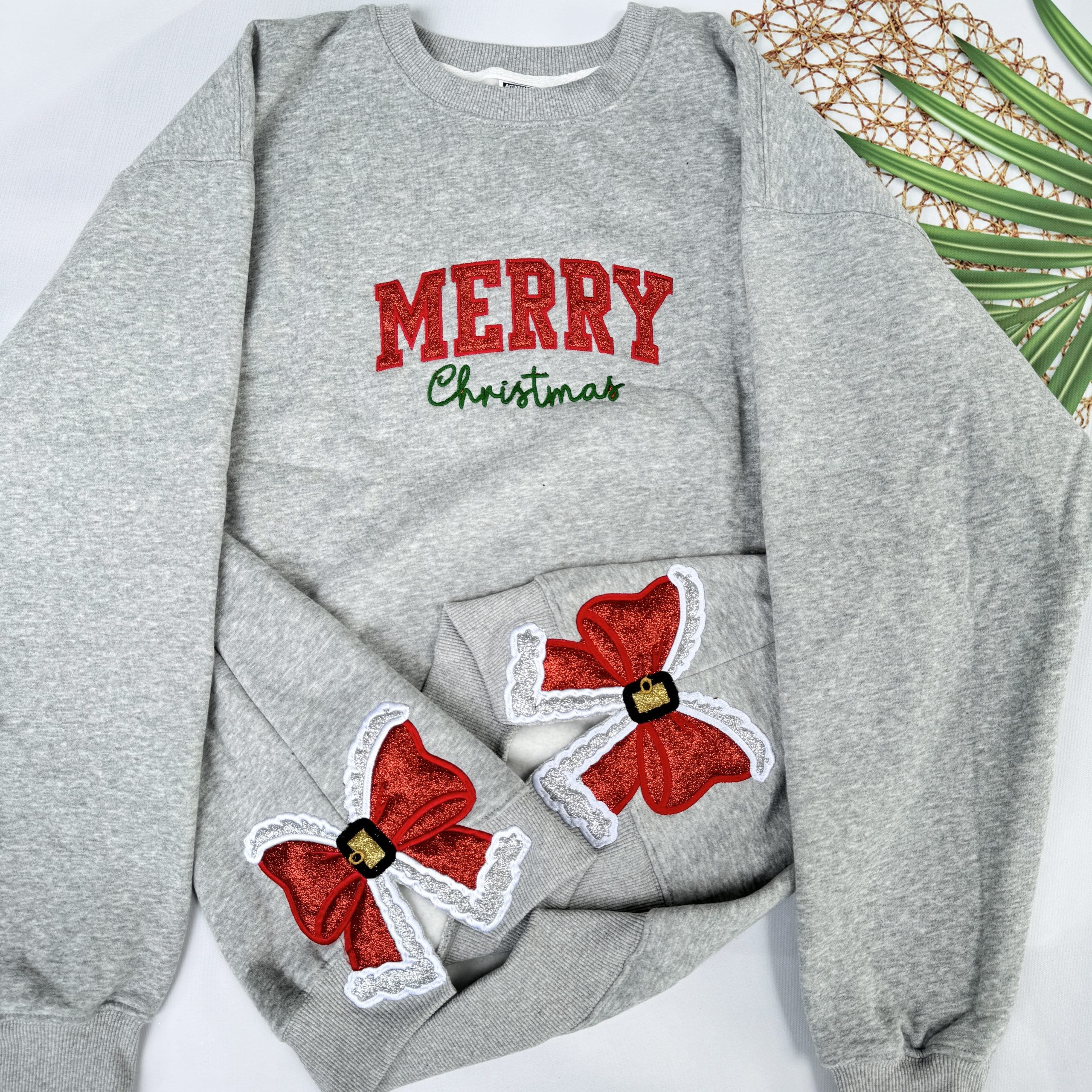 Merry Christmas Glitter Red Side Bow Sweatshirt Embroidered Sweatshirt/Hoodie/Tshirt - Image 3