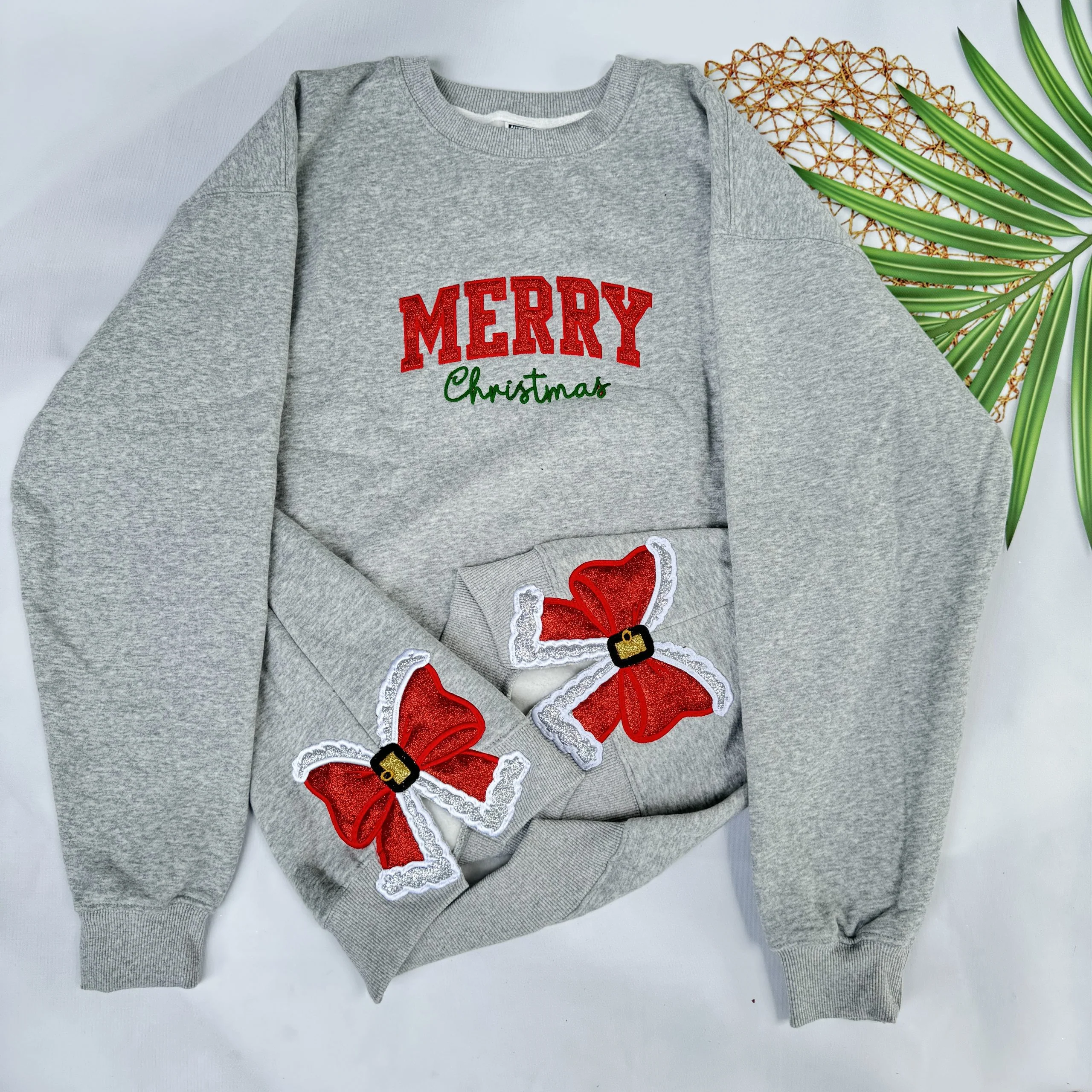 Merry Christmas Glitter Red Side Bow Sweatshirt Embroidered Sweatshirt/Hoodie/Tshirt - Image 4