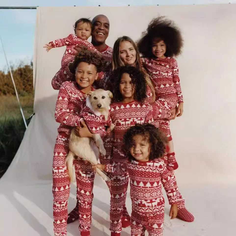 Red and White Snowflake Matching Family Christmas Pajamas-Dog Pajamas Included - Image 2