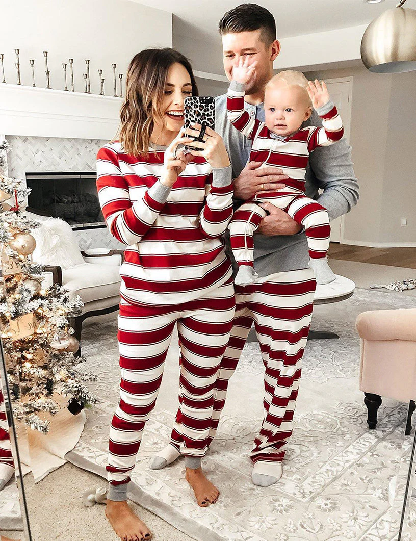 Red and White Stripe Round Collar Matching Family Christmas Pajamas-Dog Pajamas Included - Image 2
