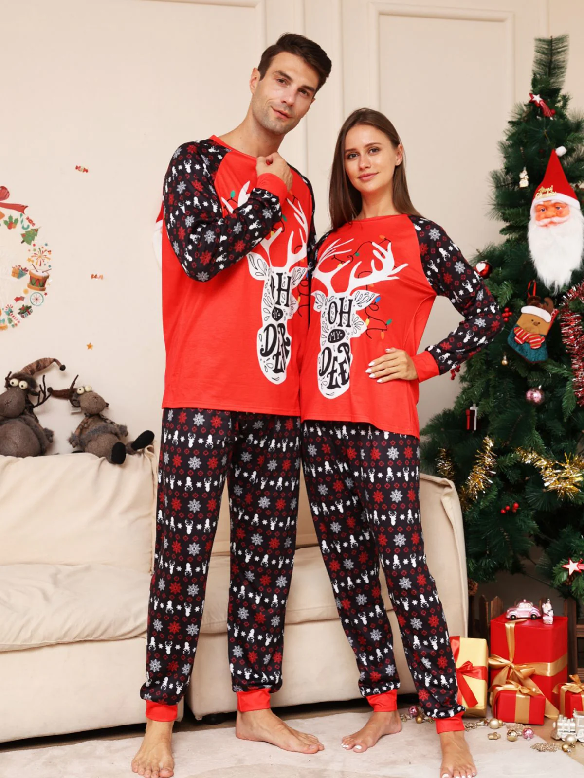Red Christmas Snow Deer Matching Family Christmas Pajamas (Dog Pajamas Included) - Image 3