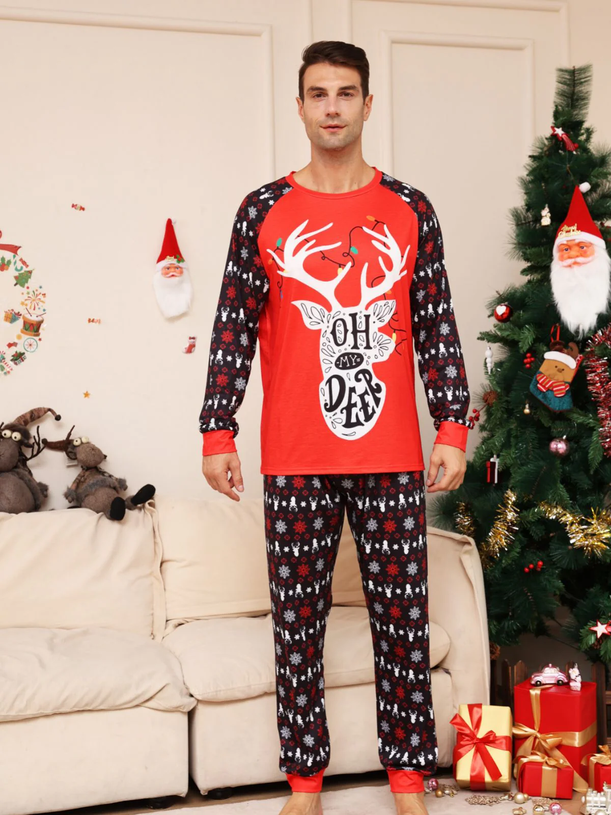 Red Christmas Snow Deer Matching Family Christmas Pajamas (Dog Pajamas Included) - Image 7