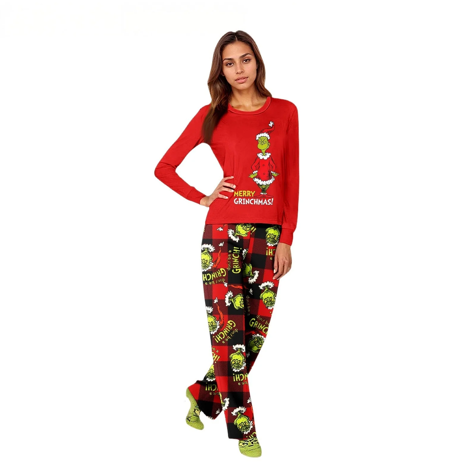 Red Grinch Print Matching Family Christmas Pajamas - Image 2