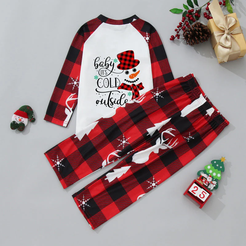 Red Plaid Snowman Pattern Matching Family Christmas Pajamas Sets - Image 2