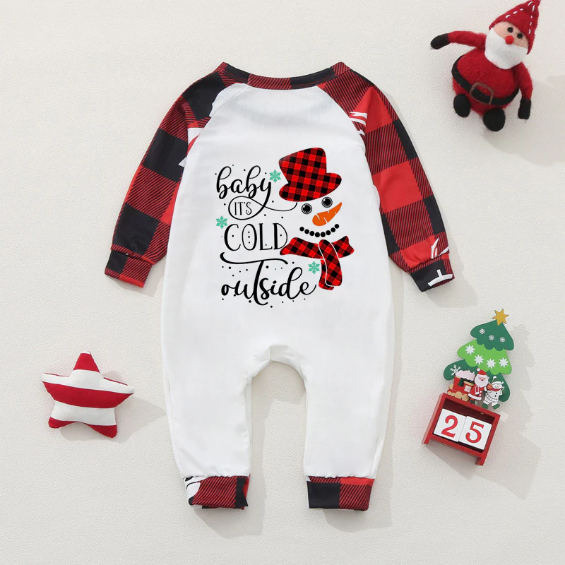 Red Plaid Snowman Pattern Matching Family Christmas Pajamas Sets - Image 3