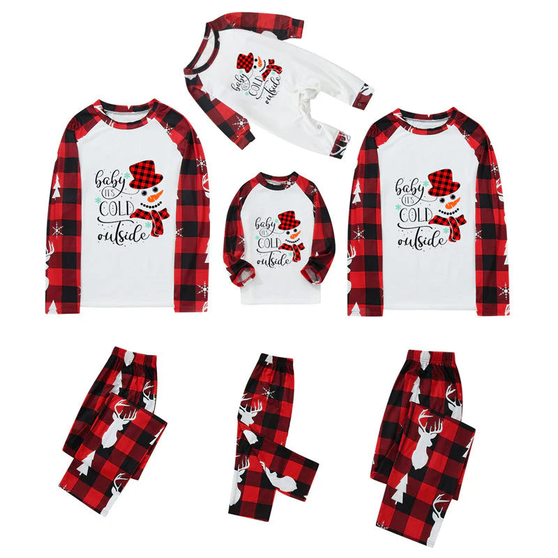 Red Plaid Snowman Pattern Matching Family Christmas Pajamas Sets - Image 4