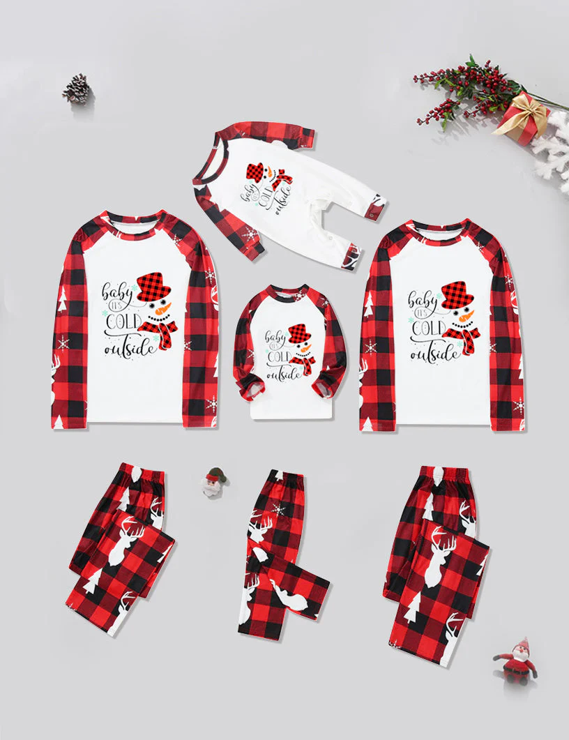 Red Plaid Snowman Pattern Matching Family Christmas Pajamas Sets - Image 7