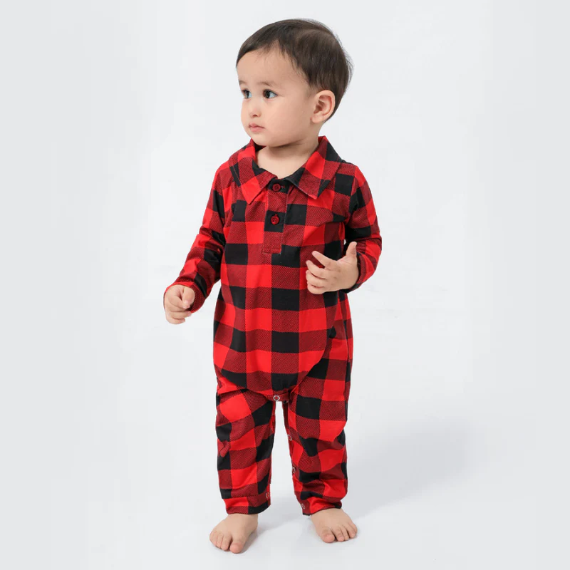 Red Plaid Stand Collar Matching Family Christmas Pajamas - Image 13