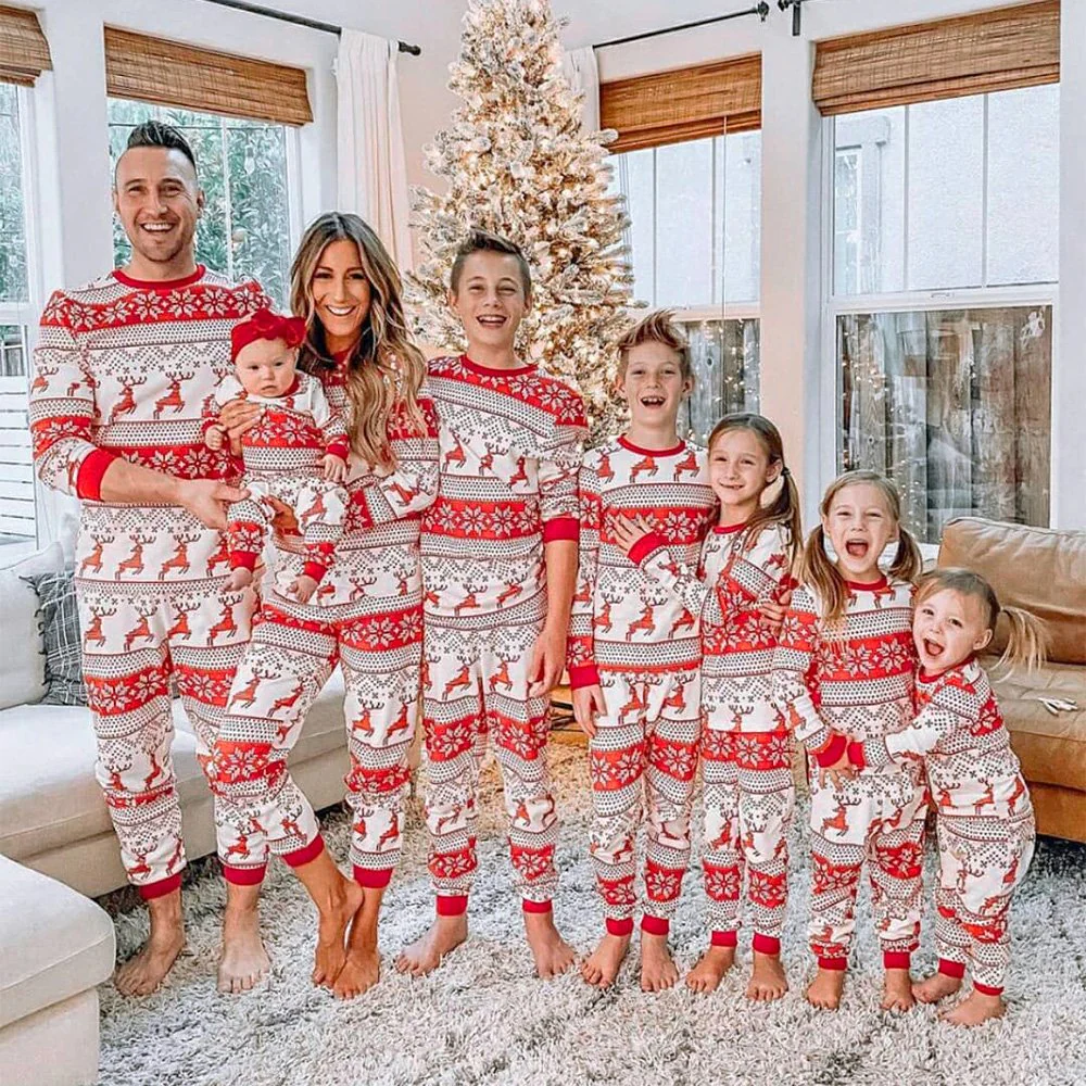 Red Reindeer Print Matching Family Christmas Pajamas-Dog Pajamas Included - Image 11