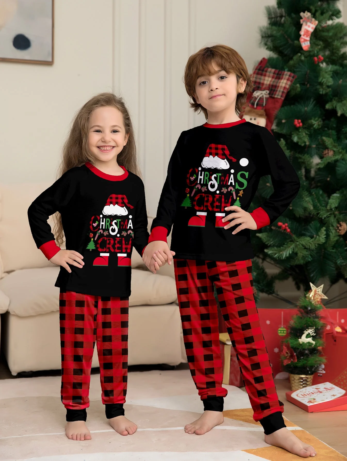 Santa Hat Plaid Matching Family Christmas Pajamas | Adults, Kids & Dog Pajamas - Image 3