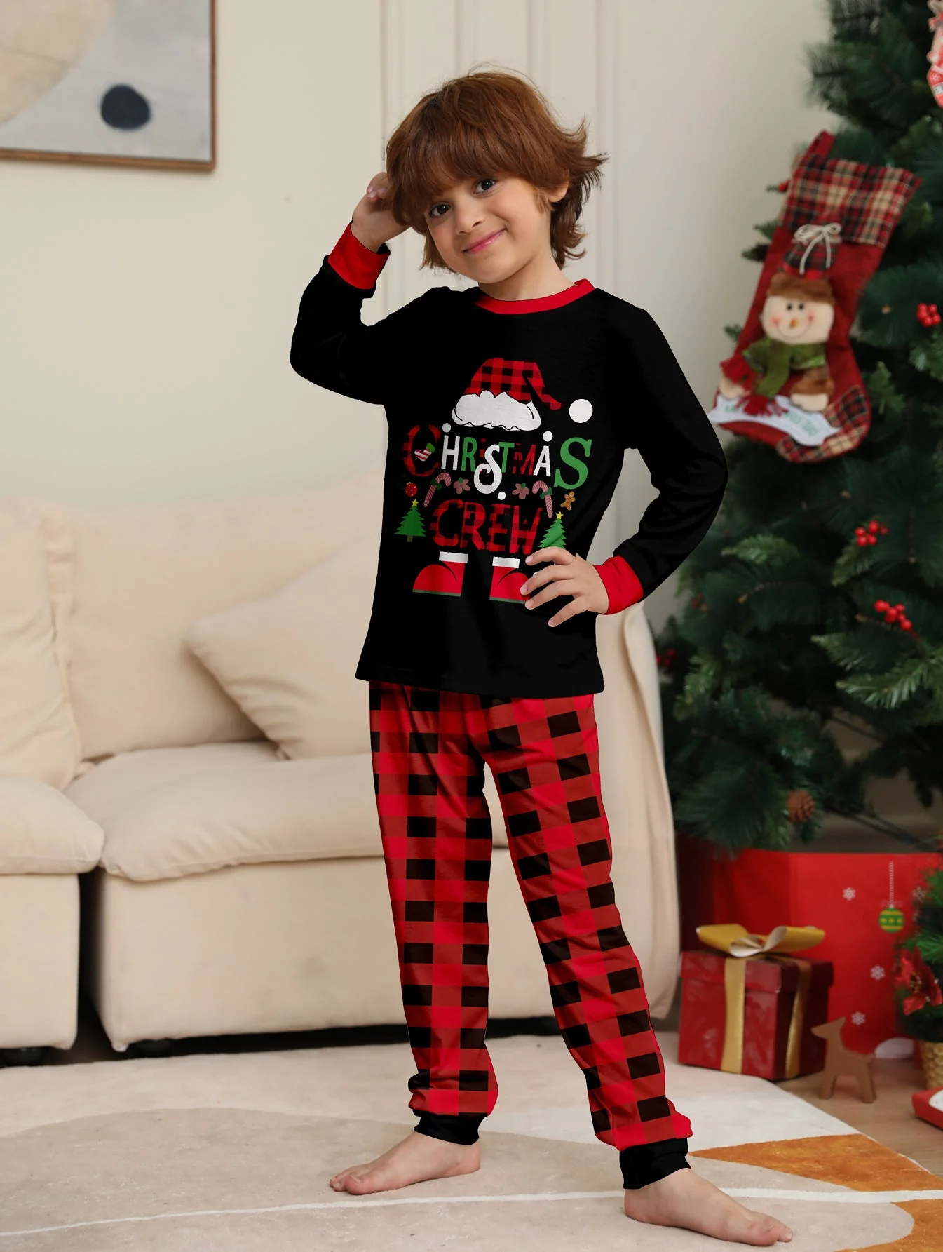 Santa Hat Plaid Matching Family Christmas Pajamas | Adults, Kids & Dog Pajamas - Image 6