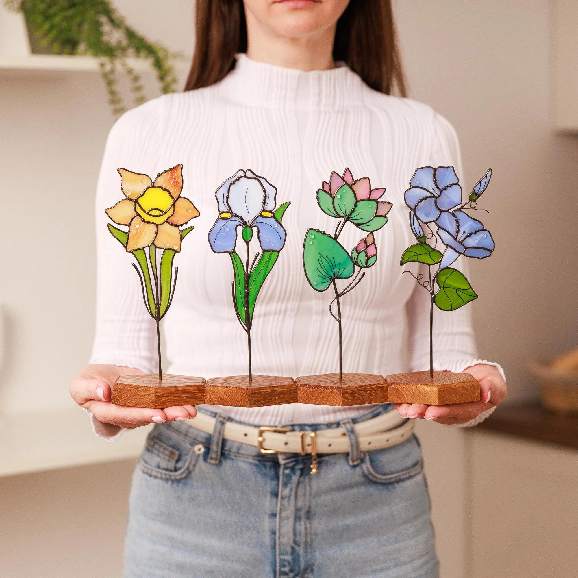 Stained Glass Flower, Personalized Mother Day Gift, Birth Flower Gift Set for Mom